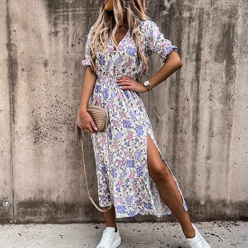 Tropical Print Midi Dress | Puff Sleeve Wrap Style | Lightweight Summer Look