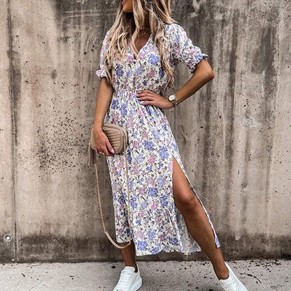 Tropical Print Midi Dress | Puff Sleeve Wrap Style | Lightweight Summer Look