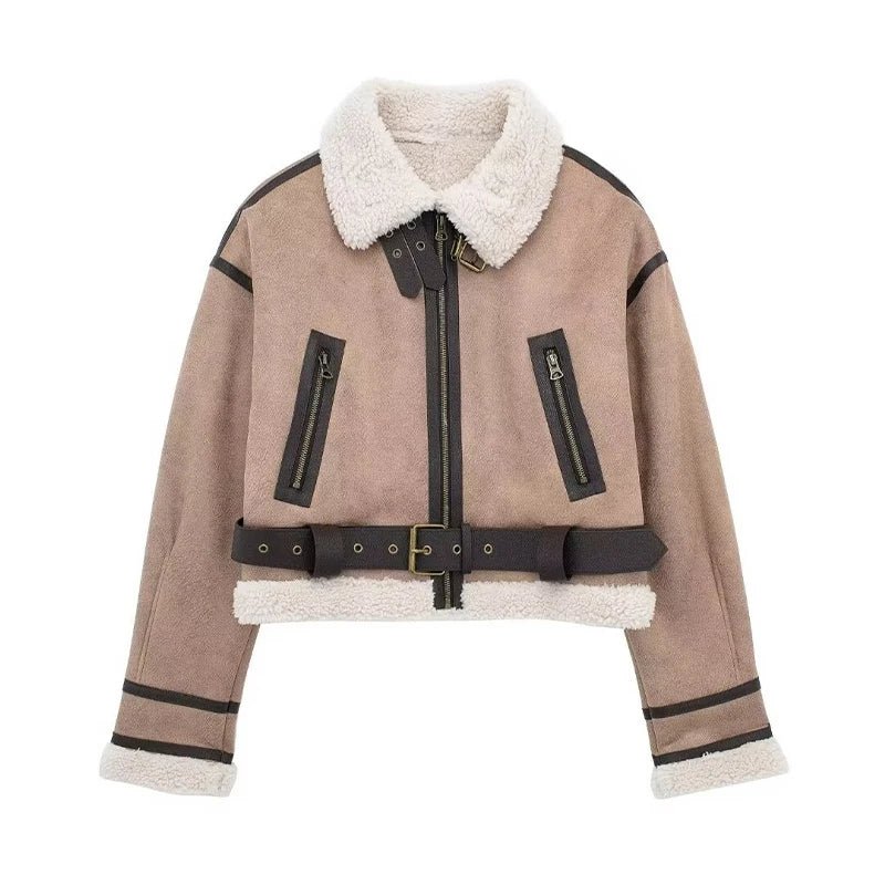 Cropped Aviator Jacket | Faux Shearling Lining | Belted Design