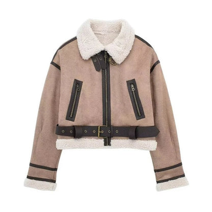 Cropped Aviator Jacket | Faux Shearling Lining | Belted Design