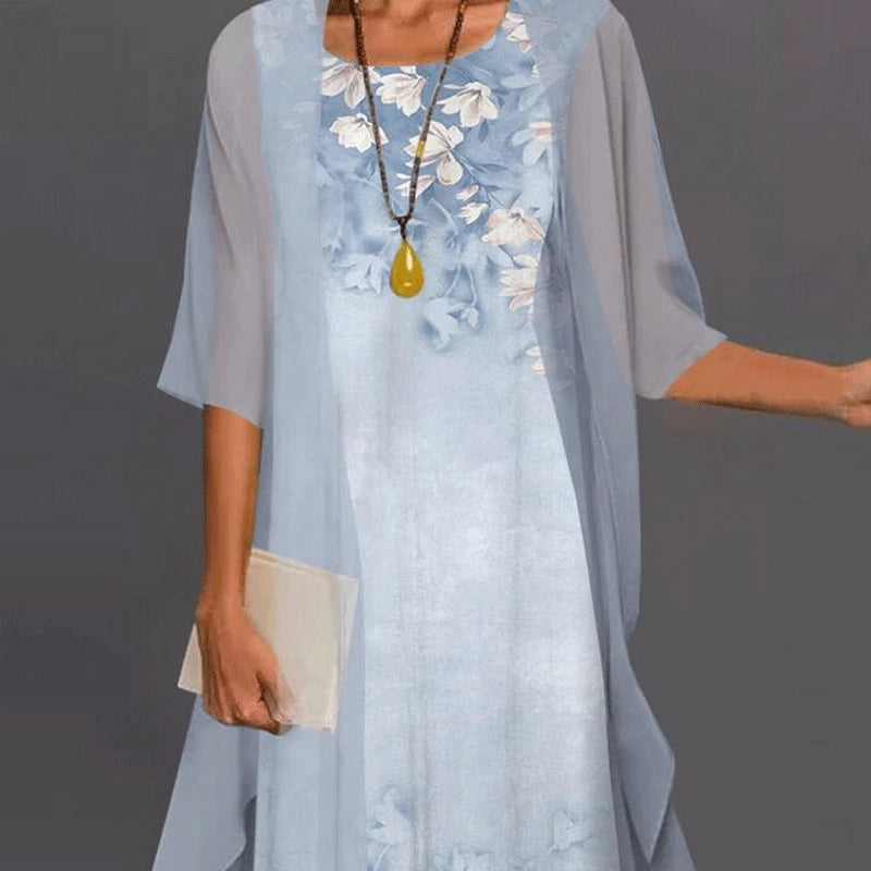 Women's Chiffon Overlay Midi Dress | Floral Print | Elegant Summer Occasion Dress