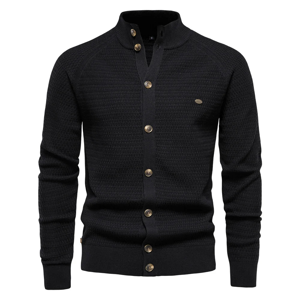 Waffle Knit Button Cardigan | Stand Collar with Chest Pocket Detail