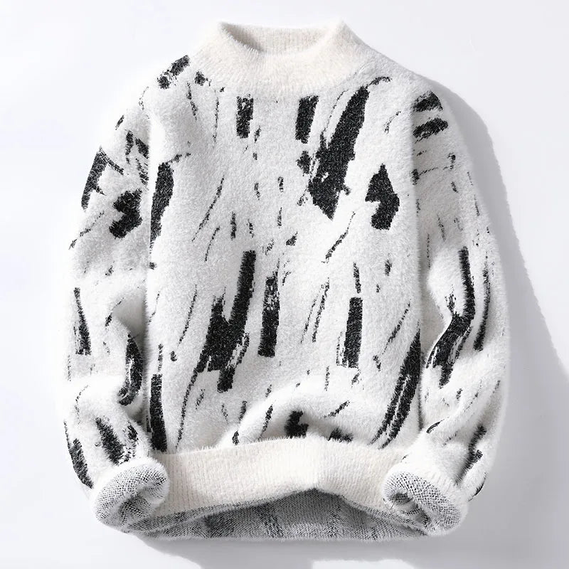 Fuzzy Abstract Print Sweater | Relaxed Fit with Brushed Texture