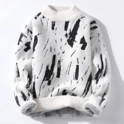 Fuzzy Abstract Print Sweater | Relaxed Fit with Brushed Texture