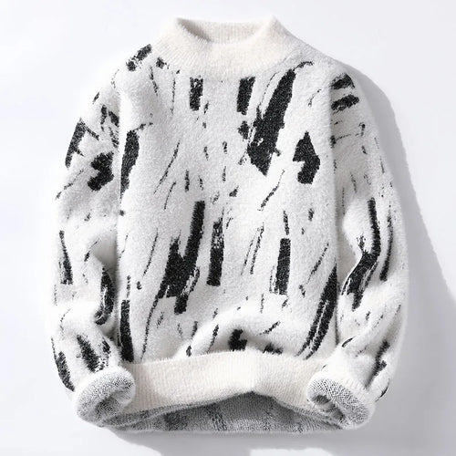 Fuzzy Abstract Print Sweater | Relaxed Fit with Brushed Texture