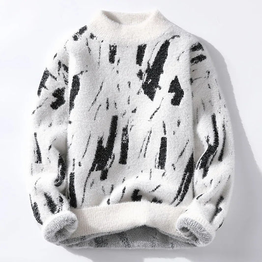Fuzzy Abstract Print Sweater | Relaxed Fit with Brushed Texture