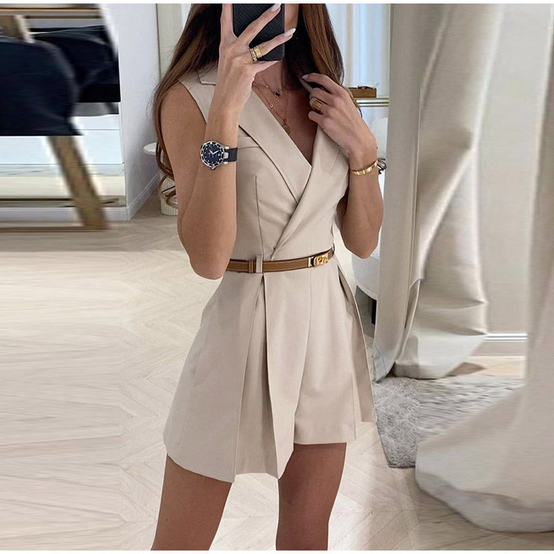 Sleeveless Blazer Romper | Tailored Fit with Belted Waist | Lightweight Summer One-Piece