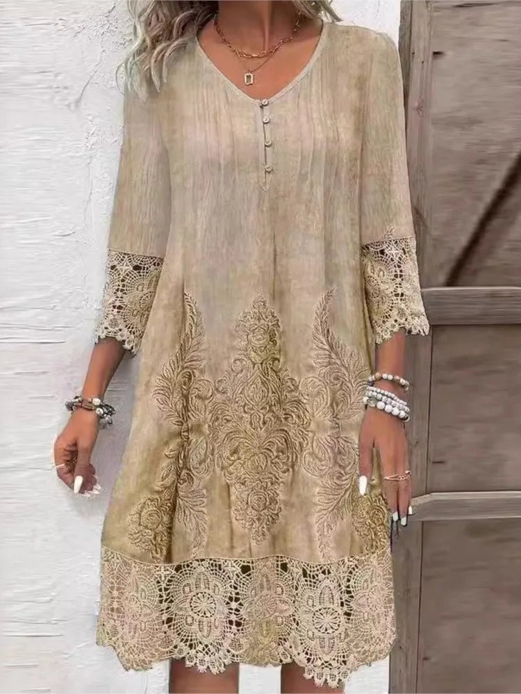 Lace Trim A-Line Dress | Embroidered Detailing | Lightweight Vintage Style