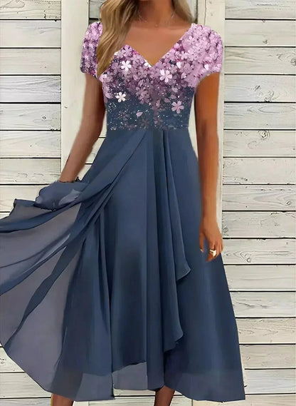 Embellished Chiffon Midi Dress | Sequin Bodice | Flowing Skirt