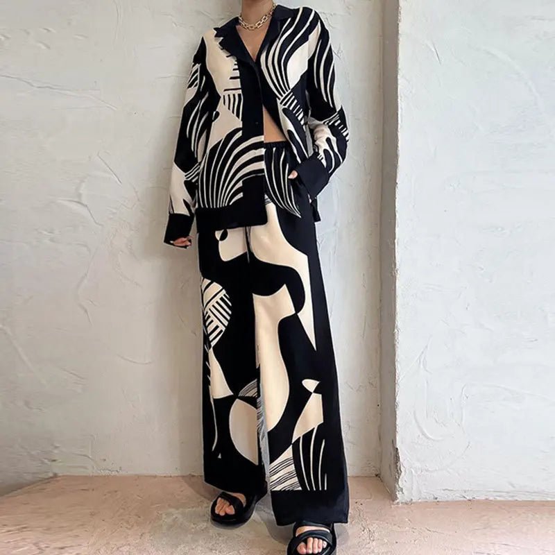 Women's Wide-Leg Pants Set | Abstract Black & Ivory Print | Relaxed Fit Button-Up and Trouser Co-ord