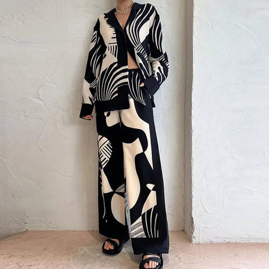 Women's Wide-Leg Pants Set | Abstract Black & Ivory Print | Relaxed Fit Button-Up and Trouser Co-ord