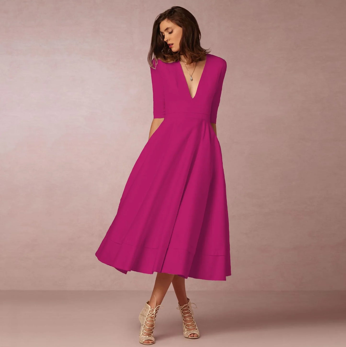 V-Neck A-Line Midi Dress | Elbow Sleeve | Elegant Fit-and-Flare