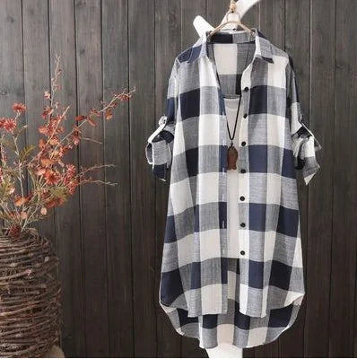 Oversized Plaid Shirt Dress | Roll-Tab Sleeves & Hi-Low Hem | Lightweight Cotton Blend