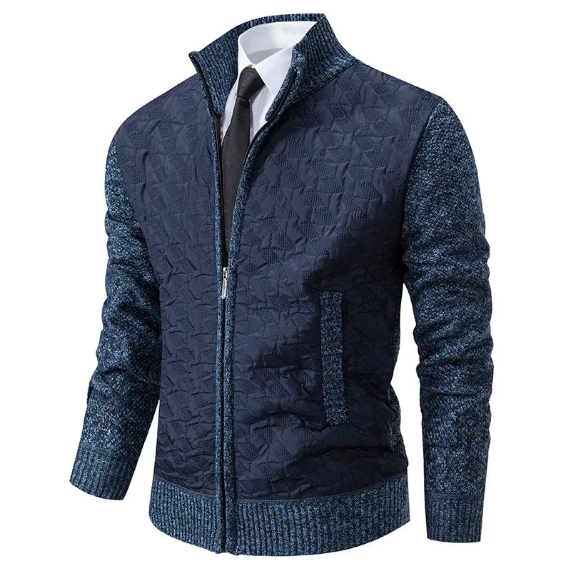 Textured Zip-Up Sweater Jacket | Quilted Front with Knit Sleeves