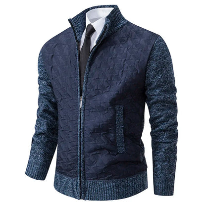 Textured Zip-Up Sweater Jacket | Quilted Front with Knit Sleeves