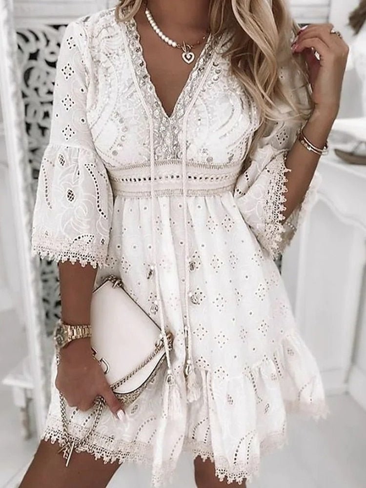 Lace Embroidered Mini Dress | Boho Style | Lightweight Cotton Blend | Romantic Occasion Wear