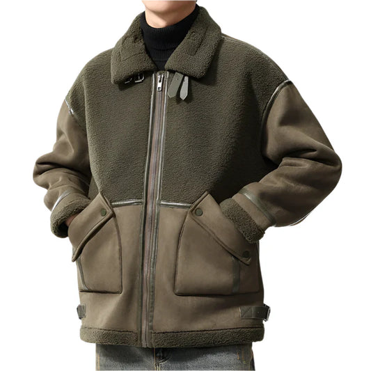 Men’s Oversized Sherpa Jacket | Faux Leather Trim | Full-Zip Cold Weather Coat