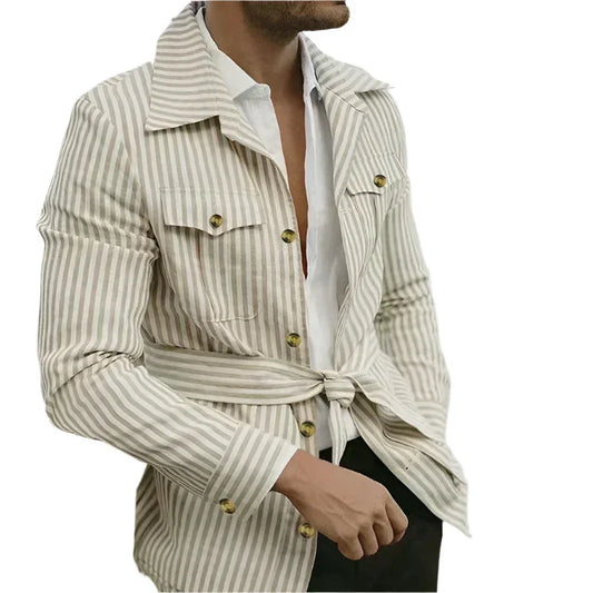 Men’s Belted Overshirt | Striped Button-Up with Utility Pockets