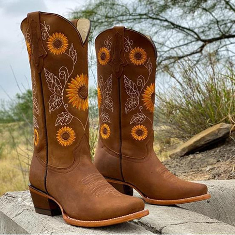 Sunflower Embroidered Western Boots | Tall Shaft Leather Look | Country Cowgirl Style