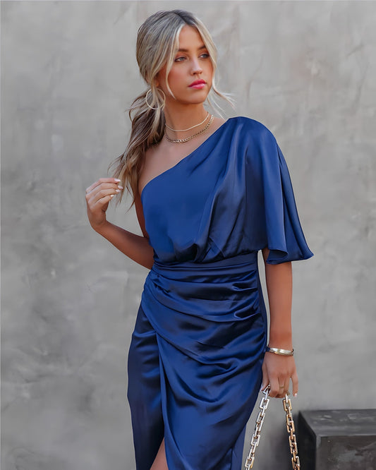 One-Shoulder Satin Midi Dress | Draped Fit | Evening Cocktail Look