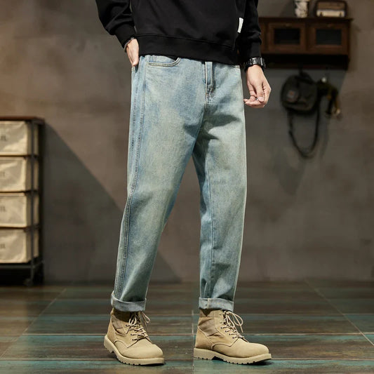 Men’s Cuffed Tapered Jeans | Relaxed Fit Denim Jogger Hybrid | Light Wash Streetwear