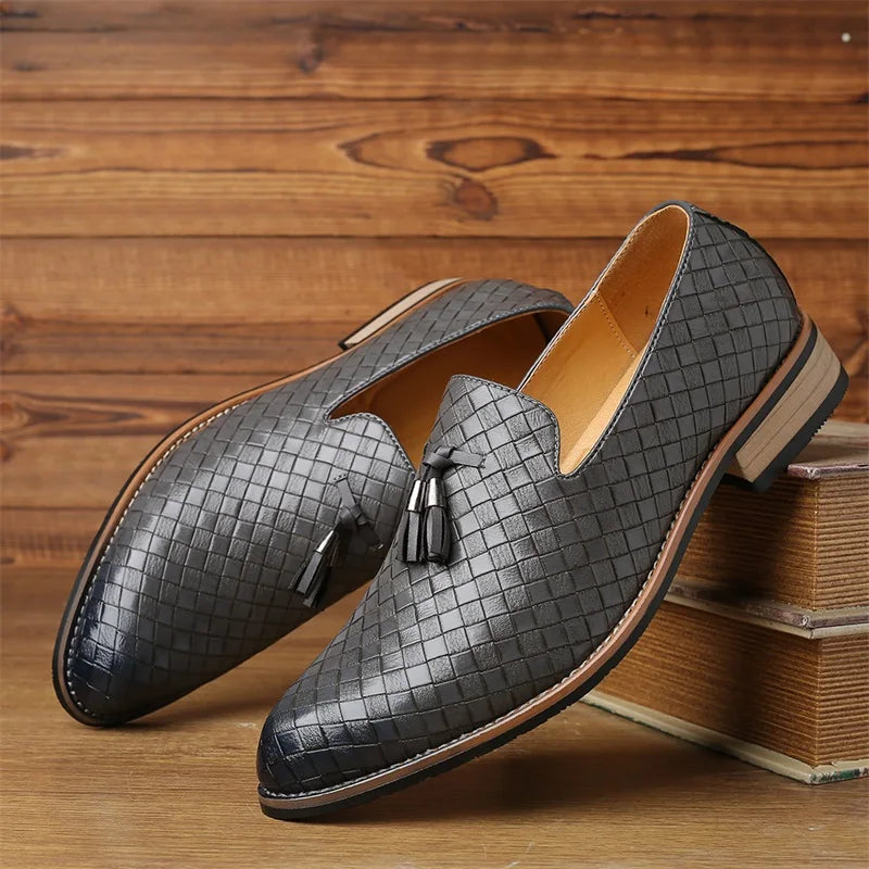 Men’s Woven Gloss Loafers | Slip-On Dress Shoes | Faux Leather Upper