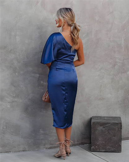 One-Shoulder Satin Midi Dress | Draped Fit | Evening Cocktail Look