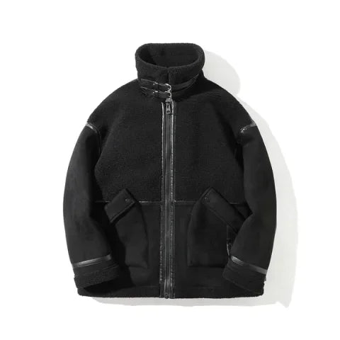 Men’s Oversized Sherpa Jacket | Faux Leather Trim | Full-Zip Cold Weather Coat