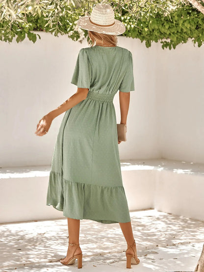 Flutter Sleeve Midi Dress | Ruched Waist & Ruffle Hem | Elegant Summer Dress