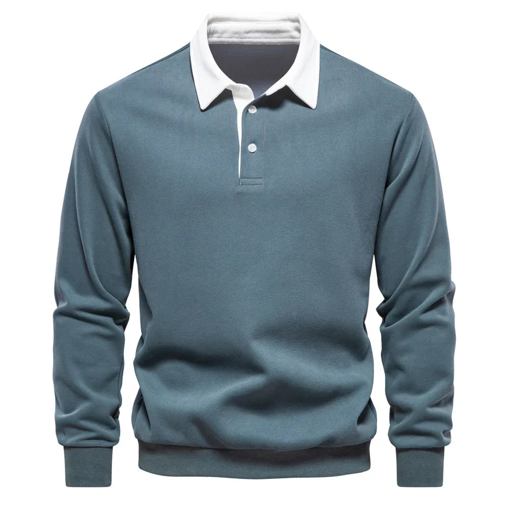 Men’s Long Sleeve Polo Sweatshirt | Ribbed Hem Rugby Style | Casual Smart-Collar Pullover