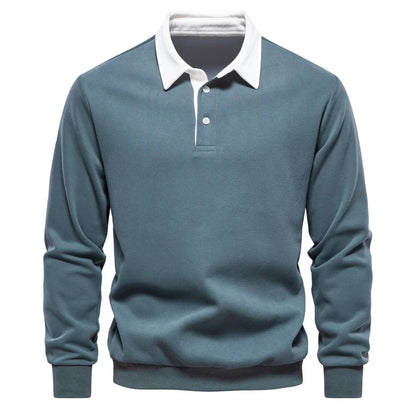 Men’s Long Sleeve Polo Sweatshirt | Ribbed Hem Rugby Style | Casual Smart-Collar Pullover