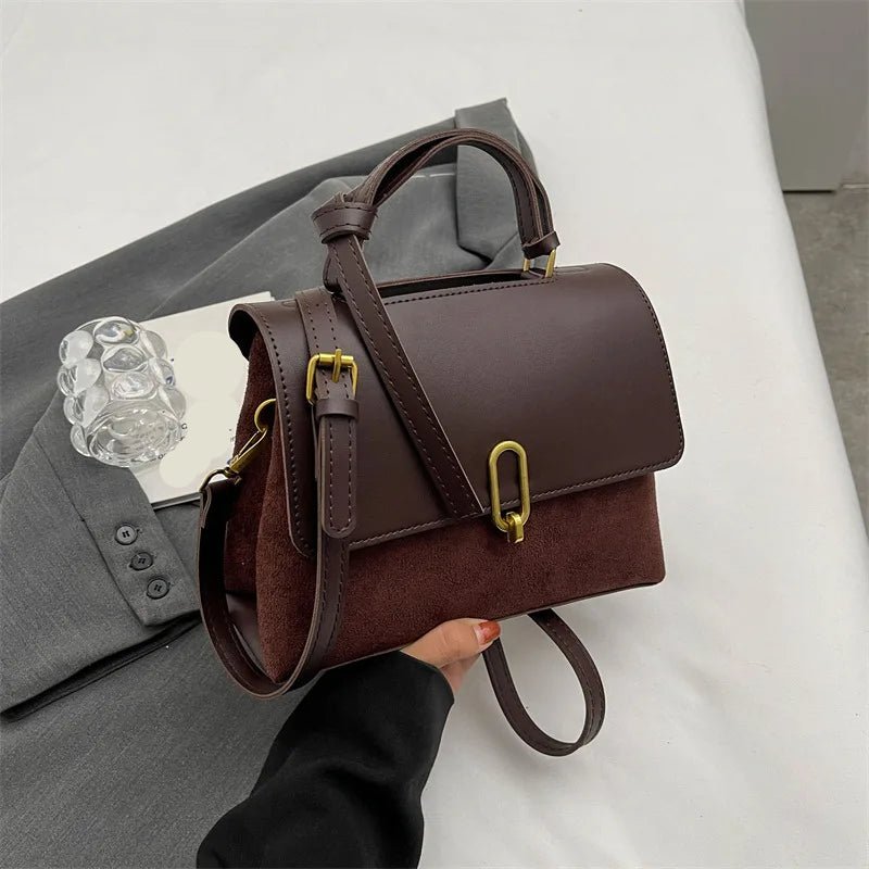 Flap Satchel Bag | PU Leather & Suede Mix | Crossbody & Top Handle