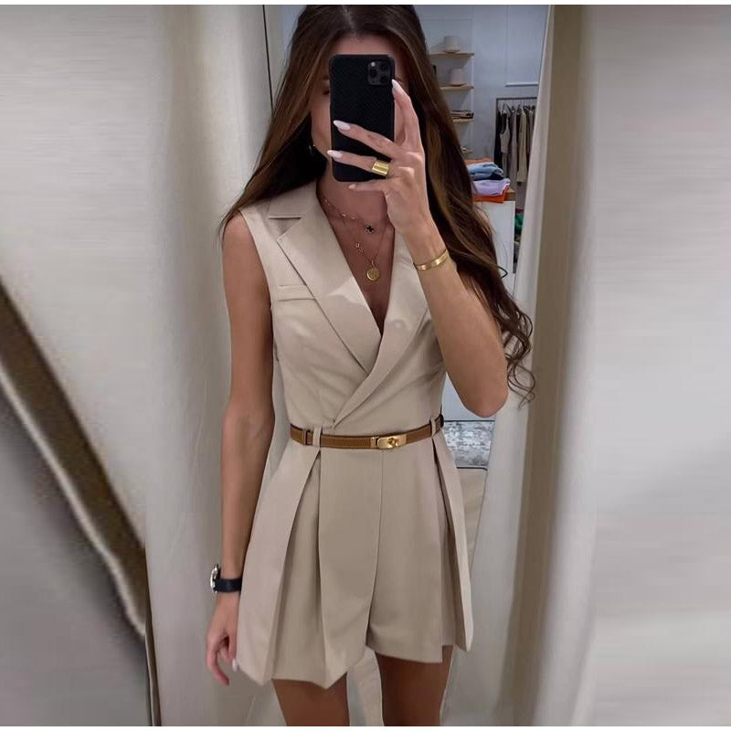 Sleeveless Blazer Romper | Tailored Fit with Belted Waist | Lightweight Summer One-Piece