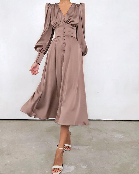 Women’s Long Sleeve Midi Dress | Puff Shoulder Button-Front Design | Elegant Evening Fit