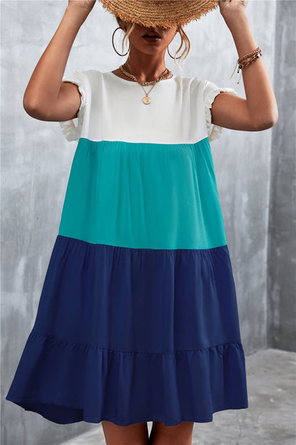 Tiered Colourblock Mini Dress | Ruffled Cap Sleeves | Lightweight Summer Style
