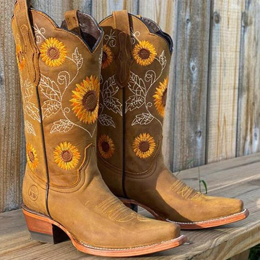 Sunflower Embroidered Western Boots | Tall Shaft Leather Look | Country Cowgirl Style