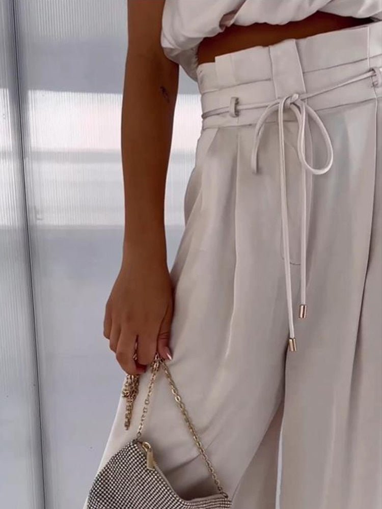 Two-Piece Satin Halter Top and Pants Set | Adjustable Waist Tie | Perfect for Formal or Evening Wear