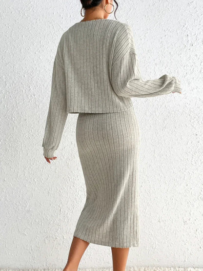 Chic 2-Piece Ribbed Knit Set | Crop Cardigan & Midi Skirt | Cozy Minimalist Style