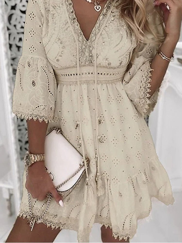 Lace Embroidered Mini Dress | Boho Style | Lightweight Cotton Blend | Romantic Occasion Wear