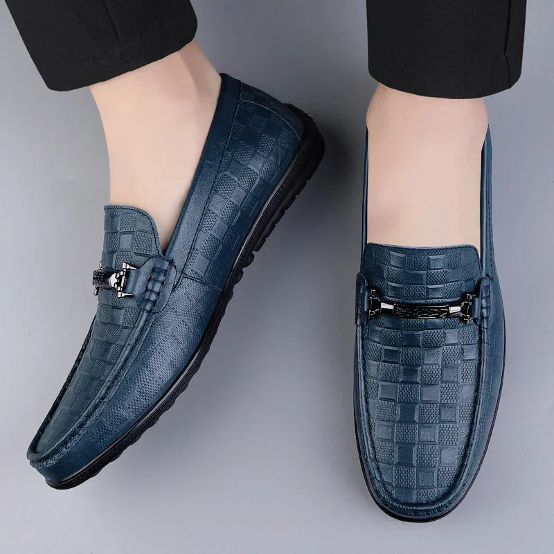 Embossed Leather Loafers | Slip-On Dress Shoes with Metal Accent