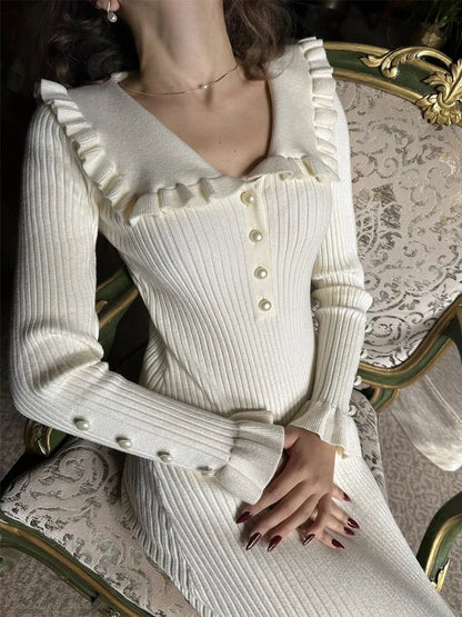 Ruffle Knit Midi Dress | Slim Fit Silhouette | Long Sleeve Design