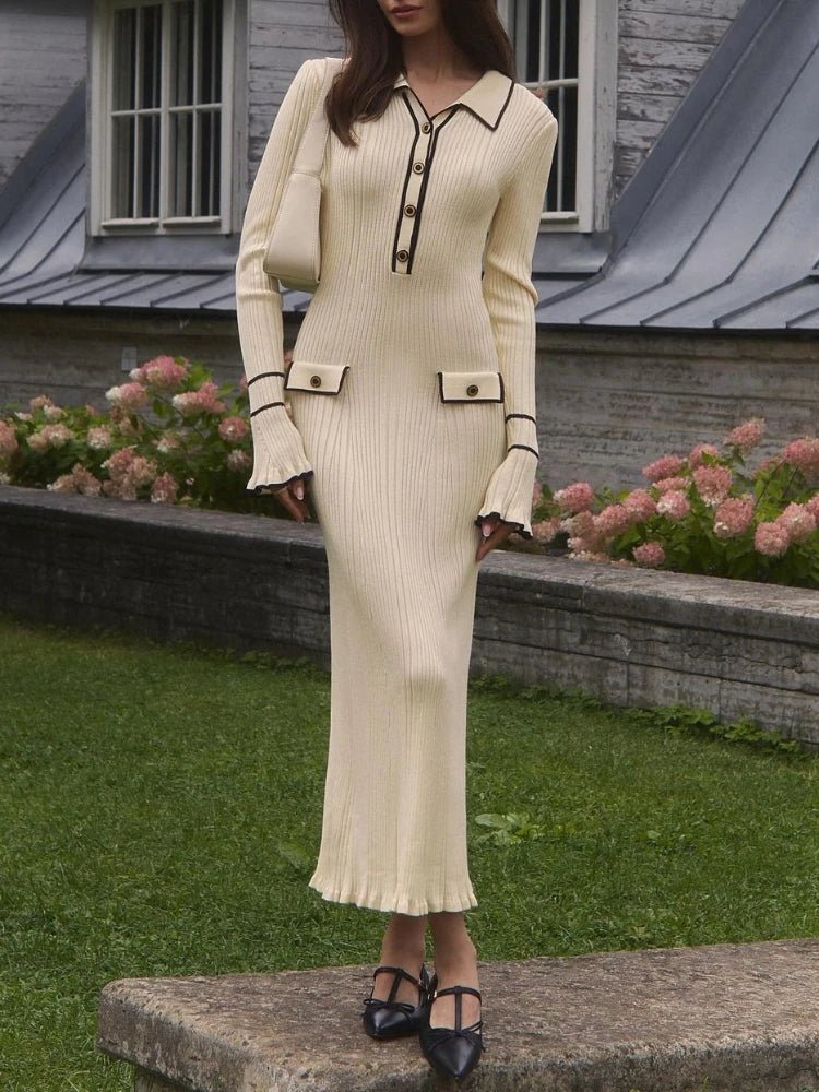 Ruffle Knit Midi Dress | Slim Fit Silhouette | Long Sleeve Design