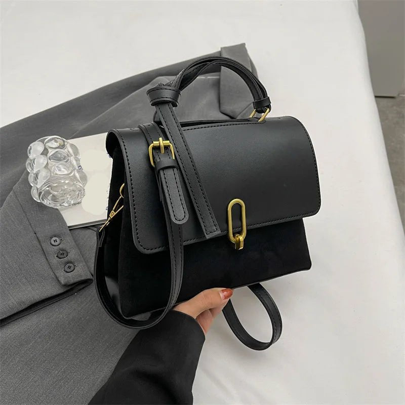 Flap Satchel Bag | PU Leather & Suede Mix | Crossbody & Top Handle