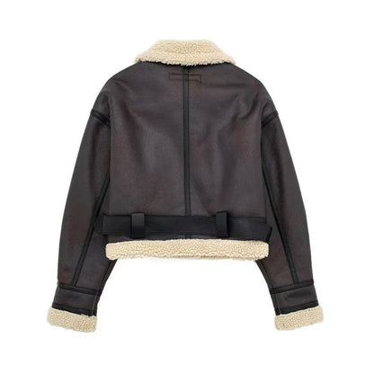 Cropped Aviator Jacket | Faux Shearling Lining | Belted Design