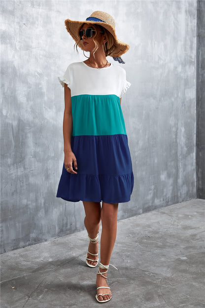 Tiered Colourblock Mini Dress | Ruffled Cap Sleeves | Lightweight Summer Style
