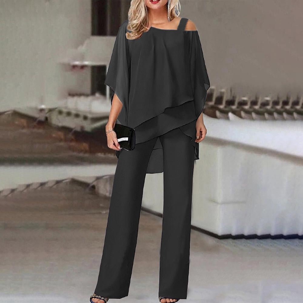 Cold Shoulder Chiffon Pant Set | Draped Overlay Top and Wide-Leg Bottoms