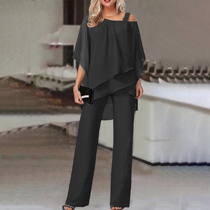 Cold Shoulder Chiffon Pant Set | Draped Overlay Top and Wide-Leg Bottoms