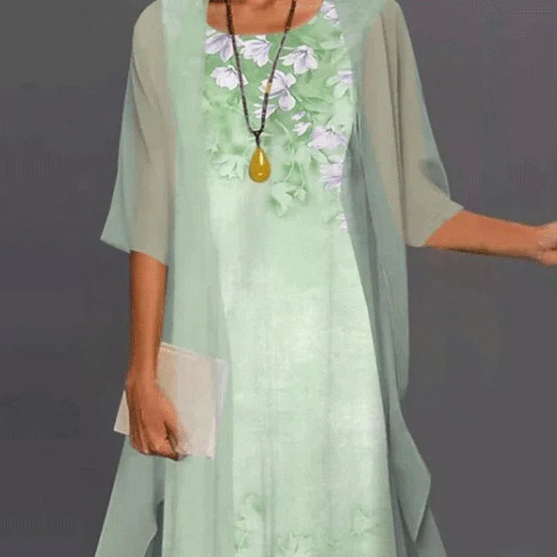 Women's Chiffon Overlay Midi Dress | Floral Print | Elegant Summer Occasion Dress