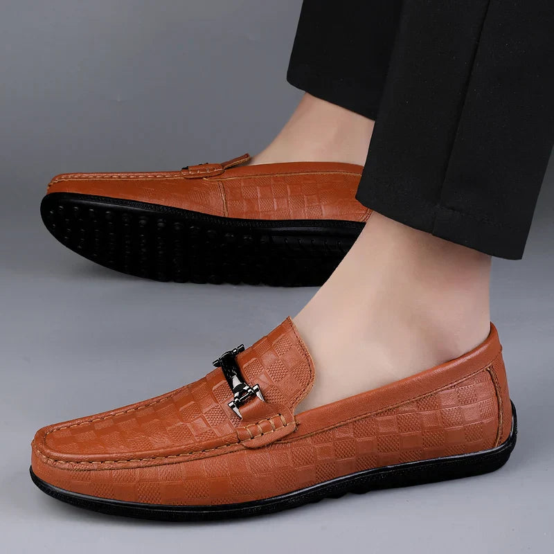 Embossed Leather Loafers | Slip-On Dress Shoes with Metal Accent
