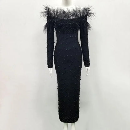 Feather-Trim Embellished Maxi Dress | Elegant Fit | Luxe Evening Wear